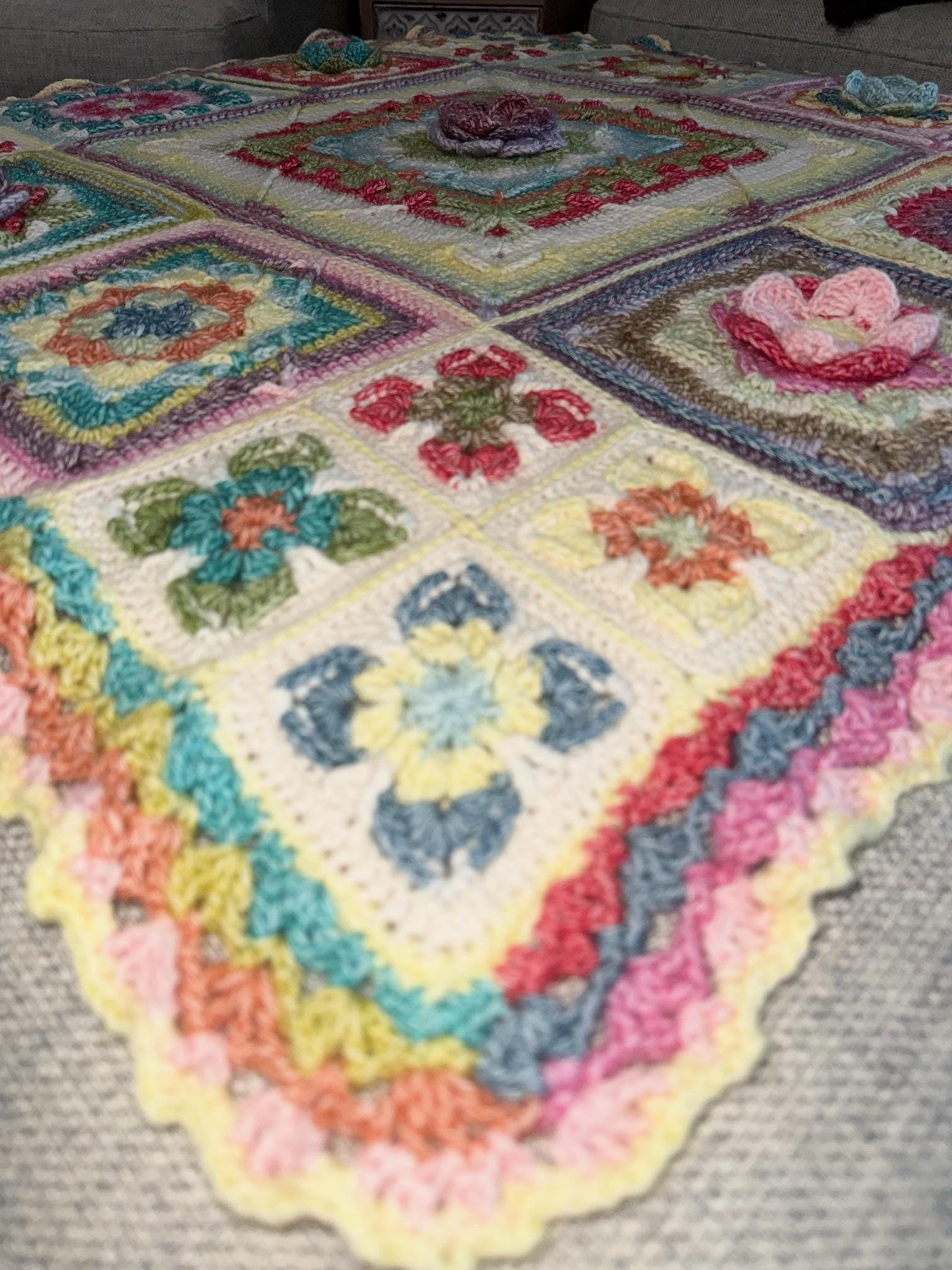 Crocheted Baby Blanket: 3D Flower Granny Squares, Stonewashed Yarn - Thumbnail 3