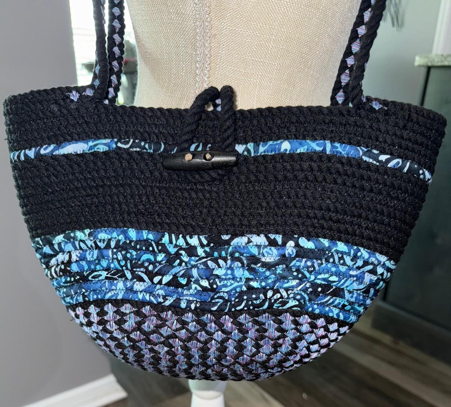 Handmade Blue & Black Rope Crossbody Bag: Boho Cotton Purse - Thumbnail 2