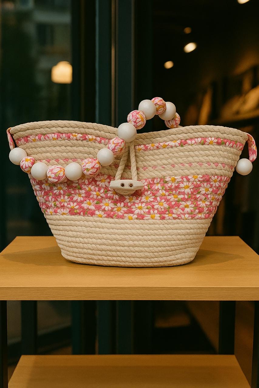 Handmade Pink Floral Rope Crossbody Bag: Beaded Boho Purse - Image 1