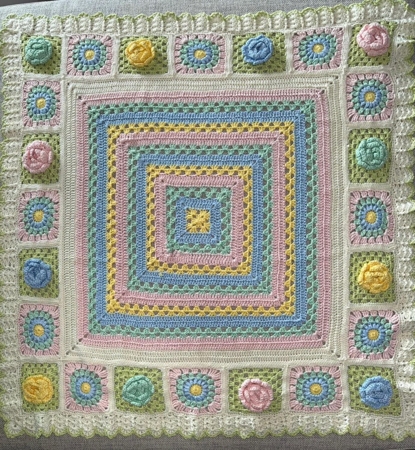 Crochet Rainbow Baby Blanket: 3D Flower Squares, Ruffle Border - Thumbnail 3
