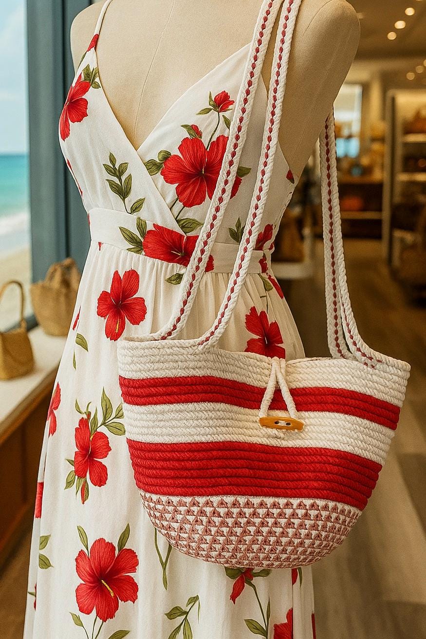 Handmade Red Cotton Rope Crossbody Bag: Boho Beach Tote - Thumbnail 2