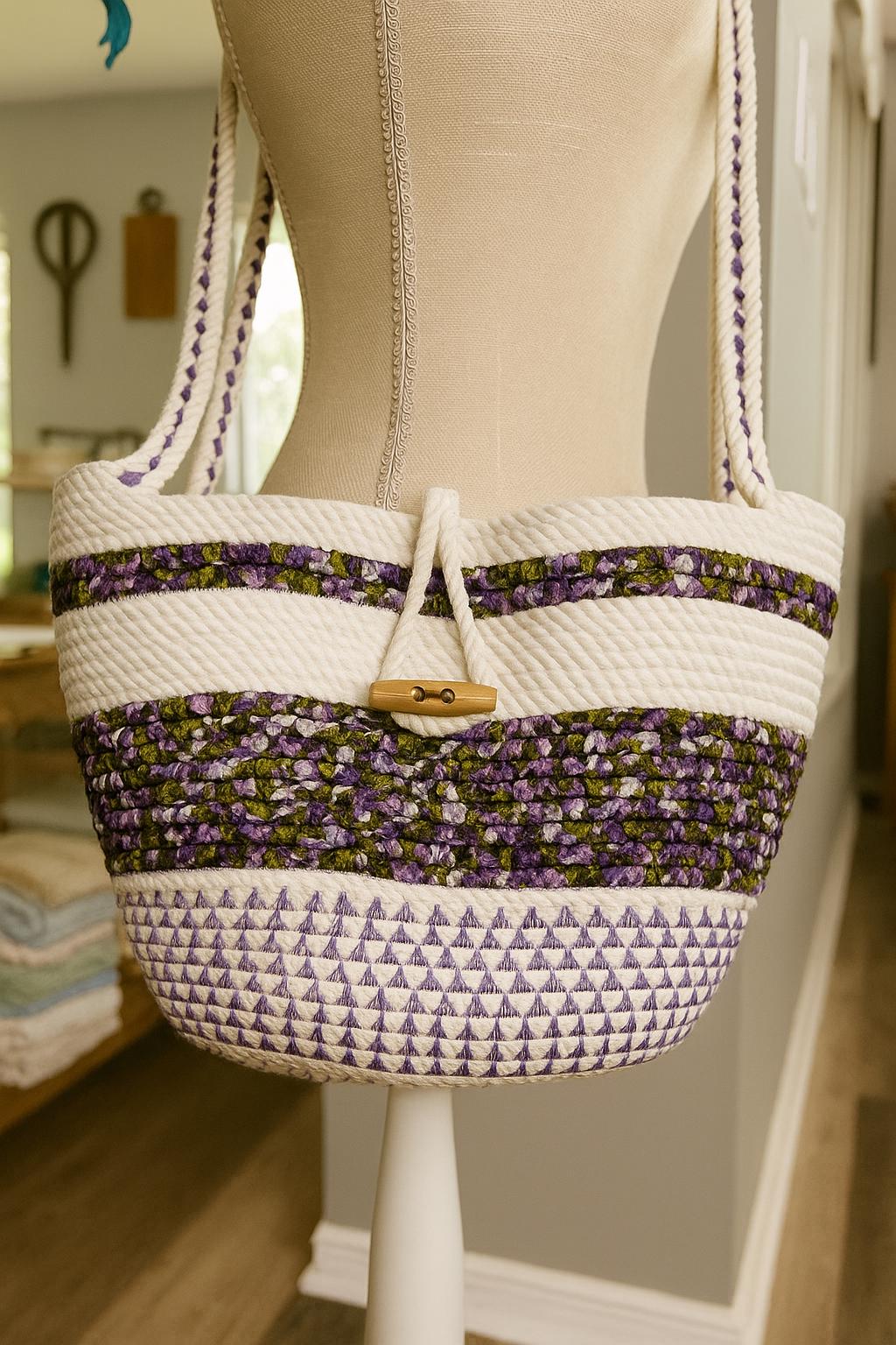 Handmade Purple Cotton Rope Crossbody Bag: Boho Shoulder Purse with Wooden Button - Image 1