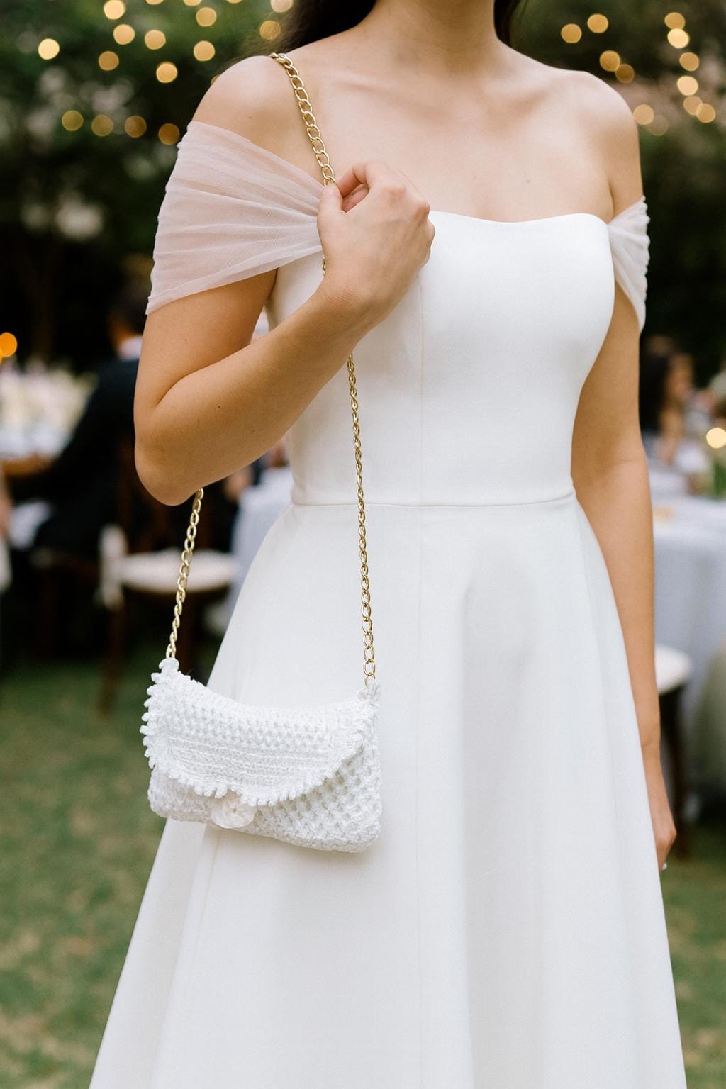 Handmade White Crocheted Purse with Removable Chain & Clay Resin Button – 9” x 5” - Thumbnail 2