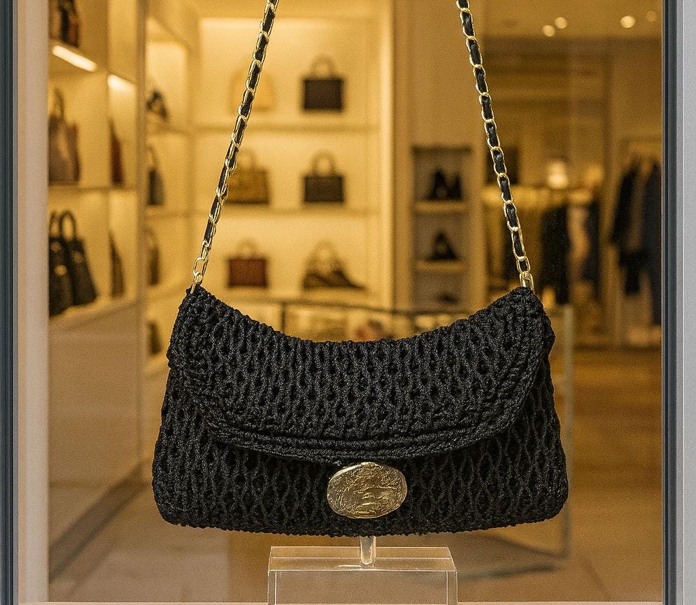 Handmade Black Crocheted Crossbody Bag – Convertible Clutch with Gold Accent Button and Removable Strap