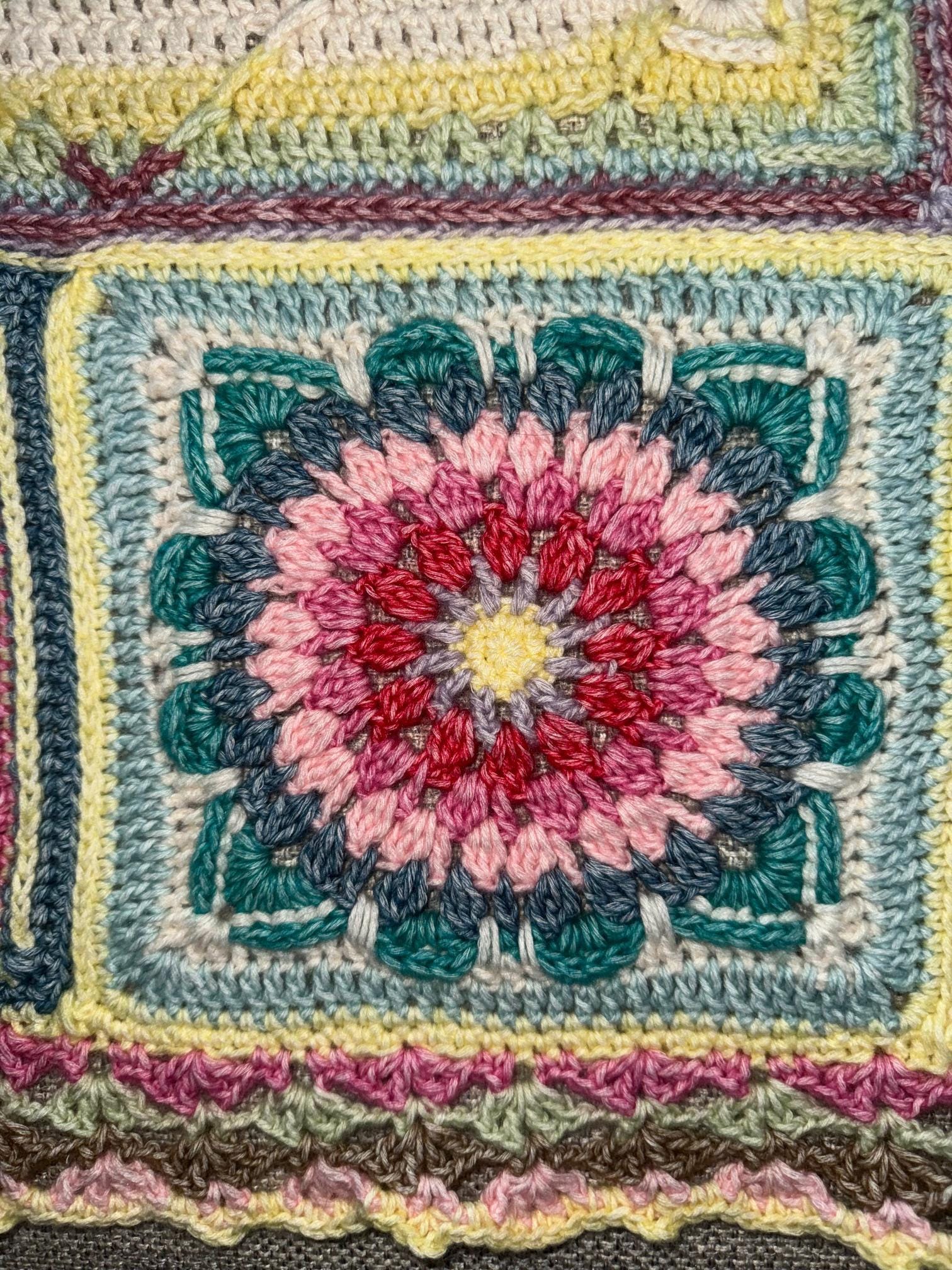 Crocheted Baby Blanket: 3D Flower Granny Squares, Stonewashed Yarn - Thumbnail 7