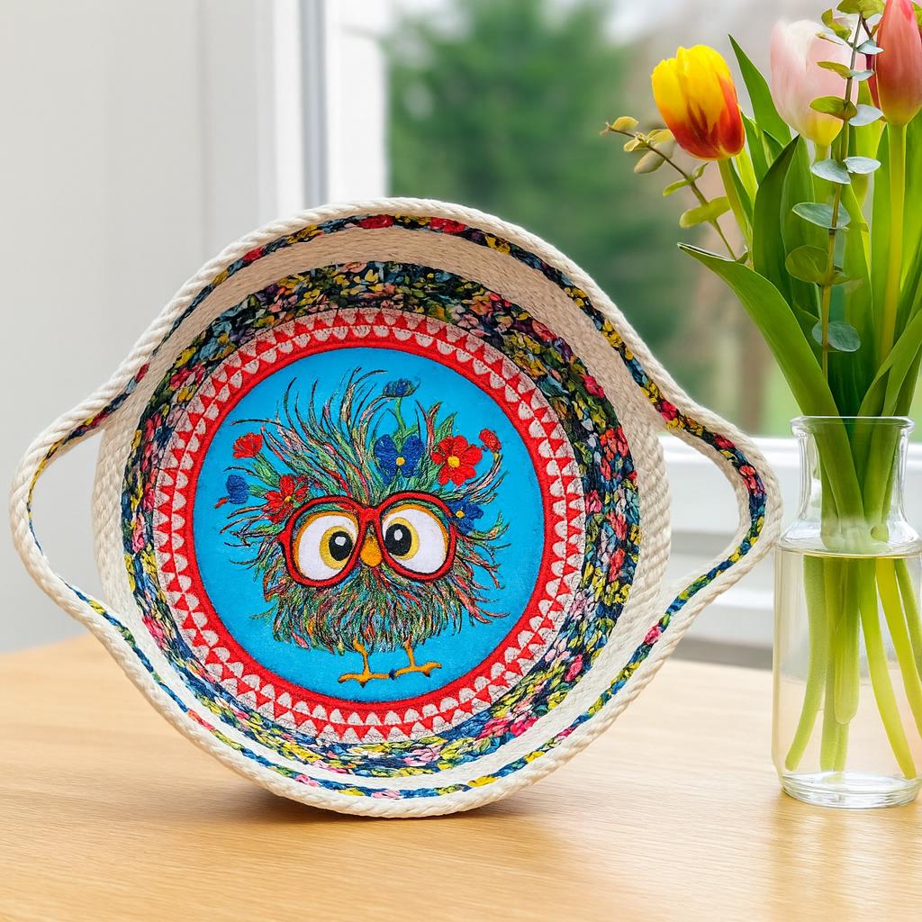 Embroidered Chick Cotton Rope Basket: Handmade Trivet Bowl - Thumbnail 6