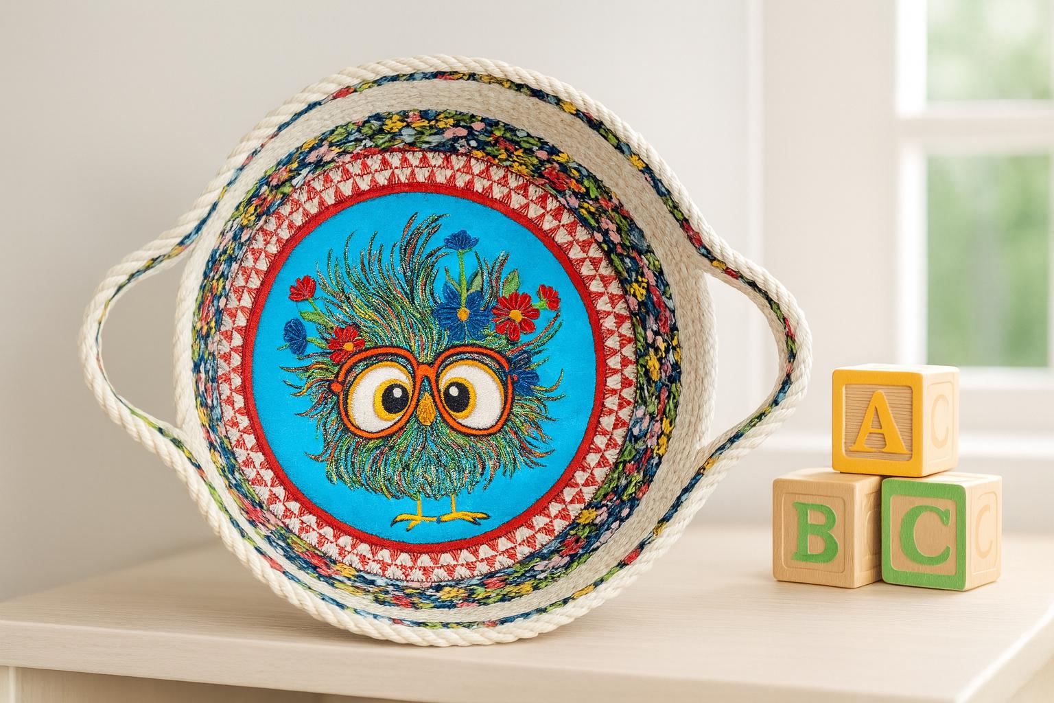 Embroidered Chick Cotton Rope Basket: Handmade Trivet Bowl - Thumbnail 7