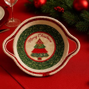 Handmade Christmas Rope Basket – Embroidered Merry Christmas Applique Bowl – Holiday Décor Storage – Original Design by Love With Loops