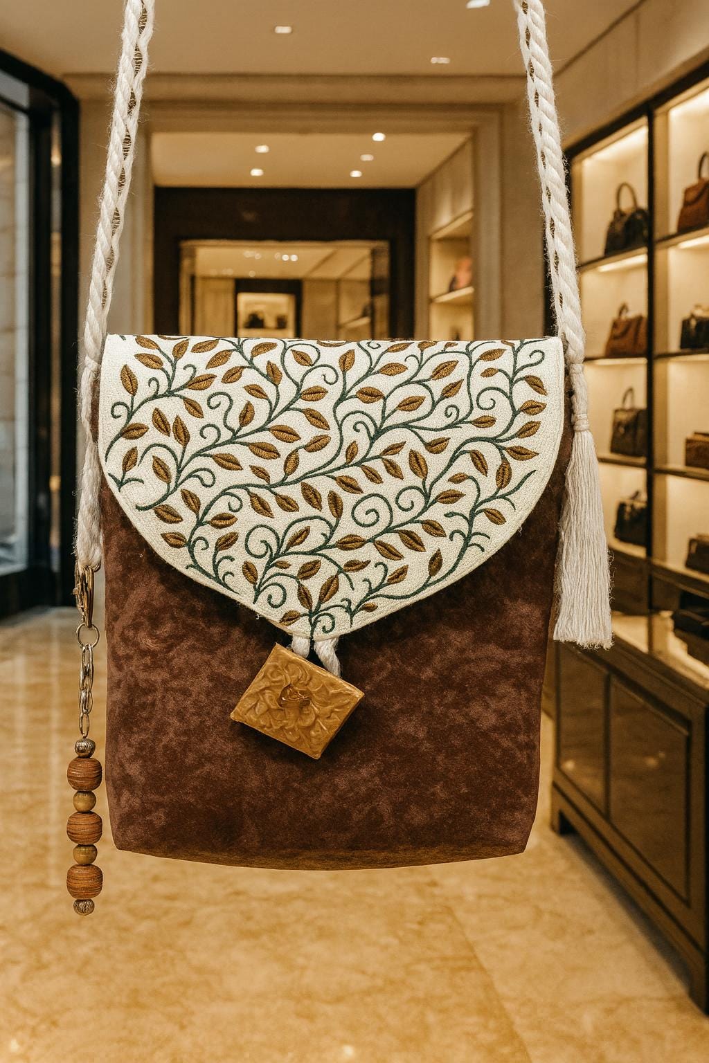 Handmade Embroidered Crossbody Bag: Macrame Strap, Resin Clay Button