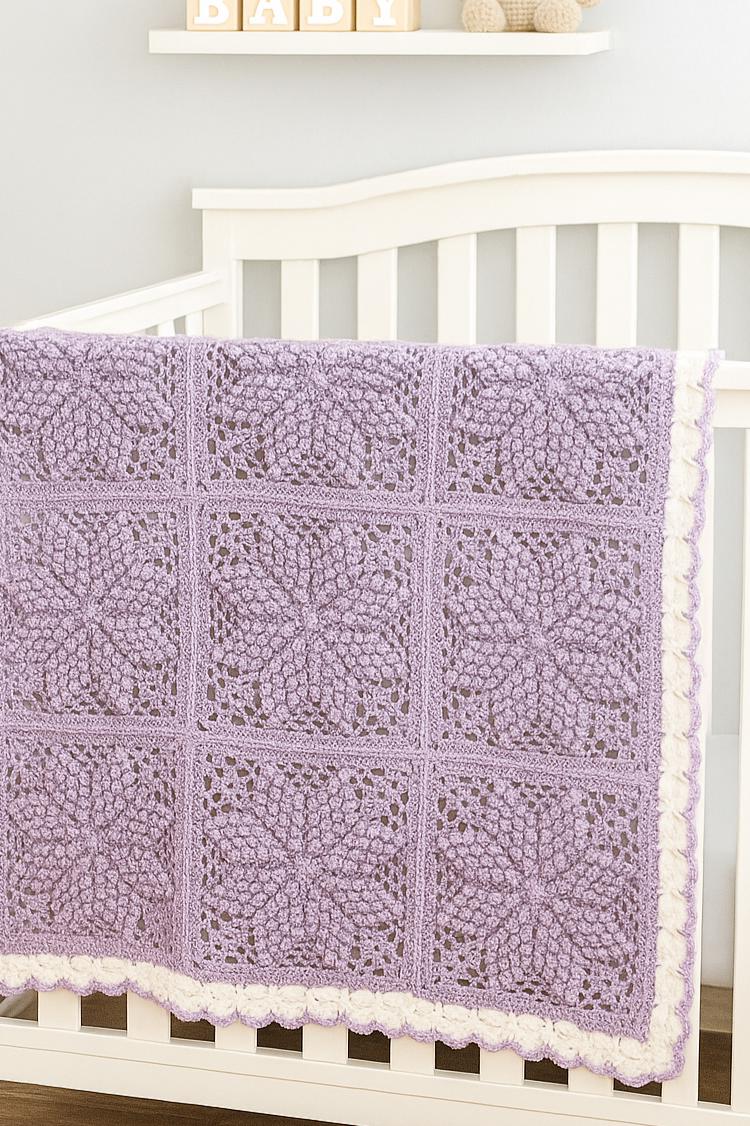 Crocheted Baby Blanket: Lavender & White Popcorn Stitch with Lace - Thumbnail 2