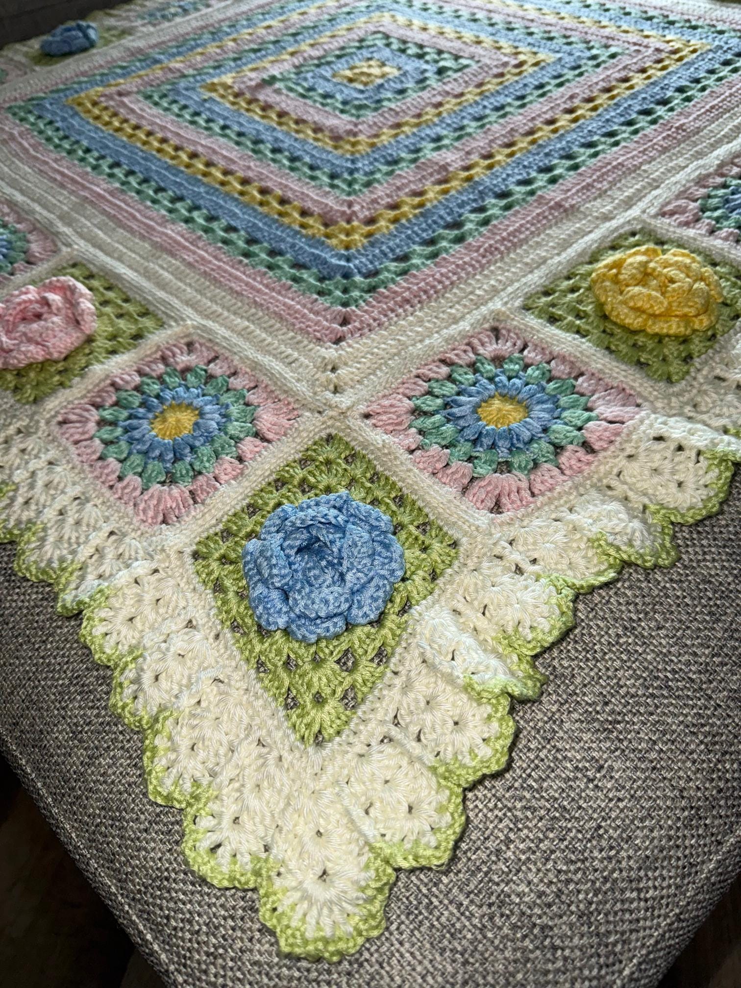 Crochet Rainbow Baby Blanket: 3D Flower Squares, Ruffle Border - Image 1