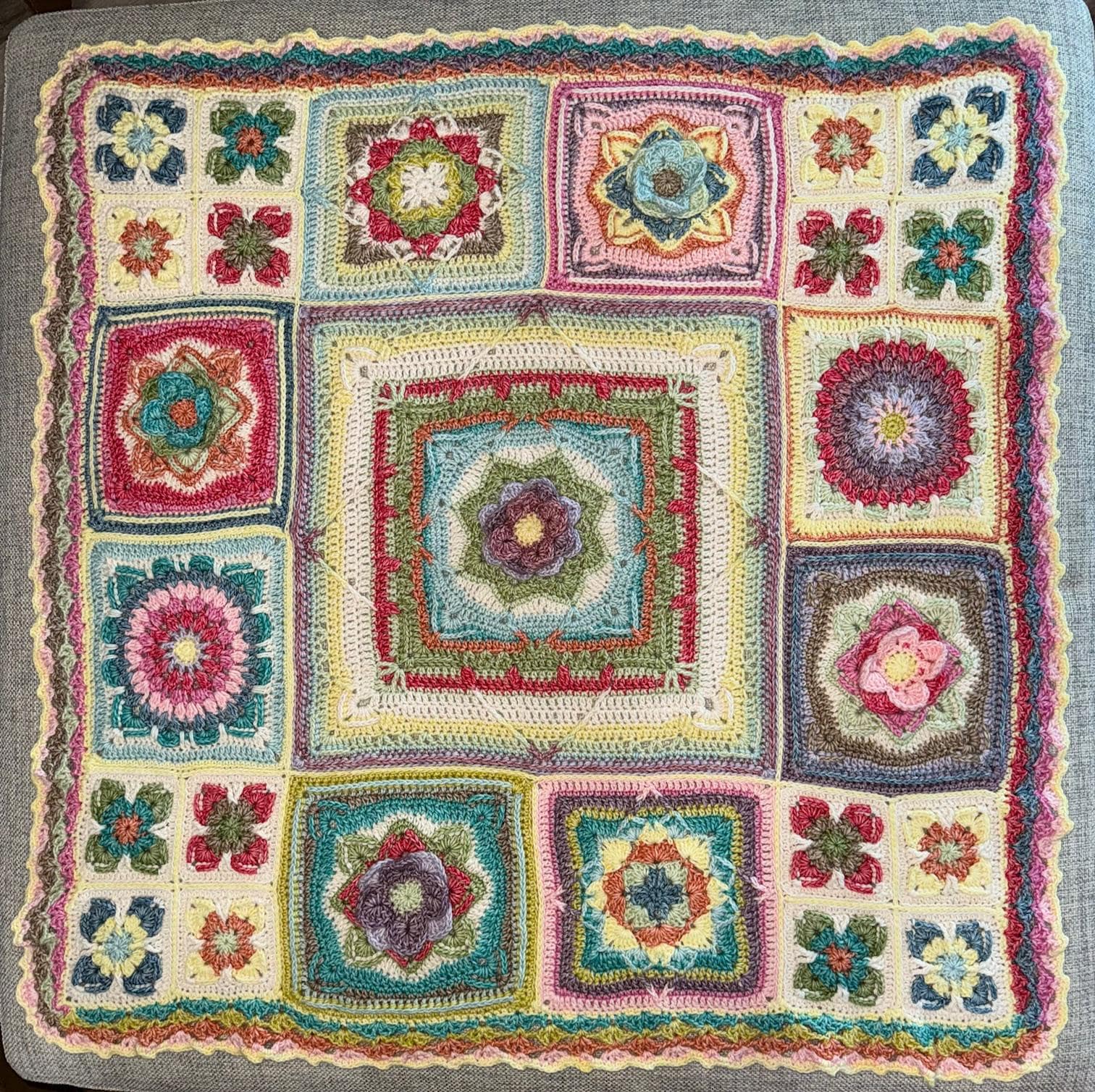 Crocheted Baby Blanket: 3D Flower Granny Squares, Stonewashed Yarn - Thumbnail 4