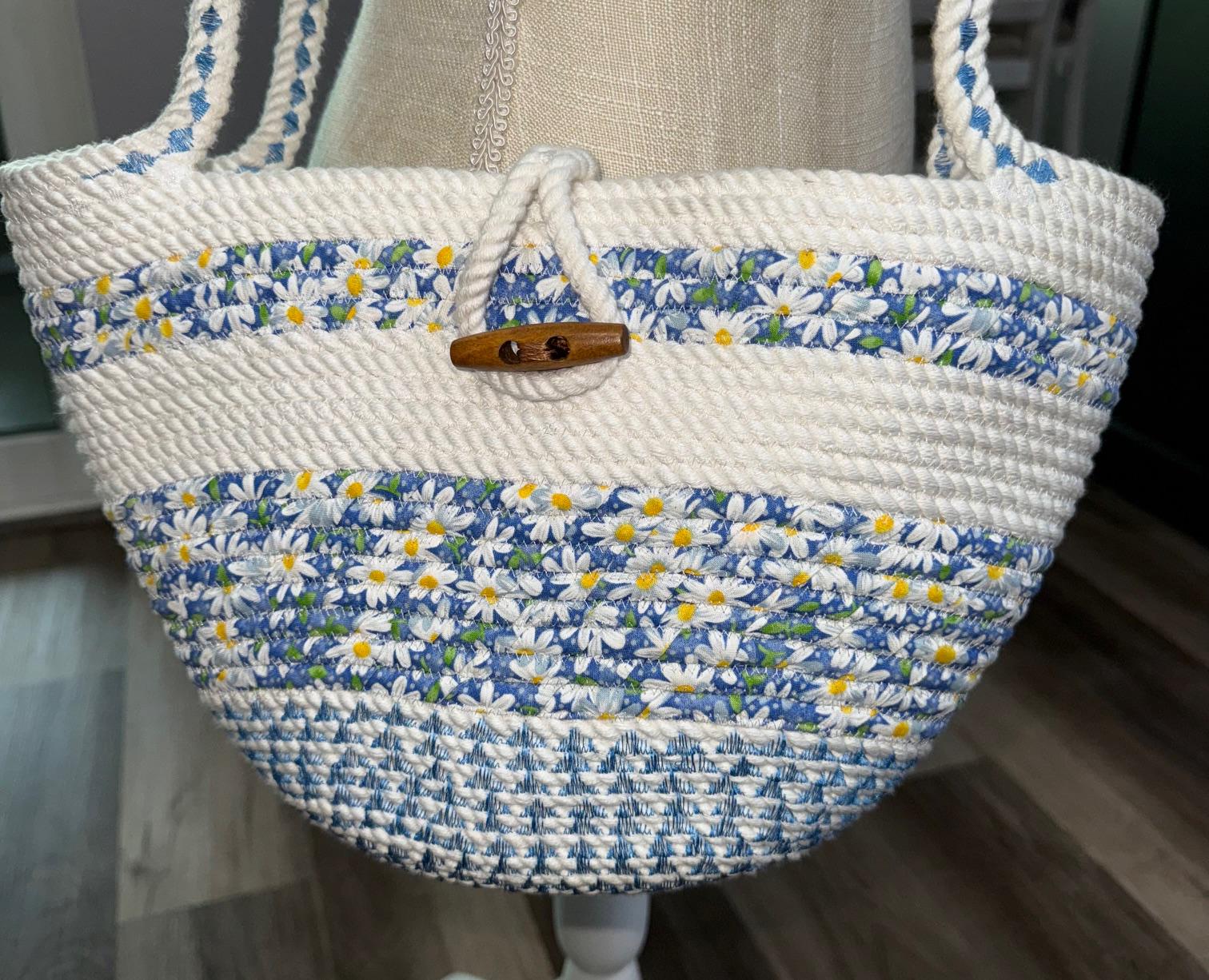 Handmade Blue Rope Crossbody Bag: Boho Floral Fabric Purse - Thumbnail 5