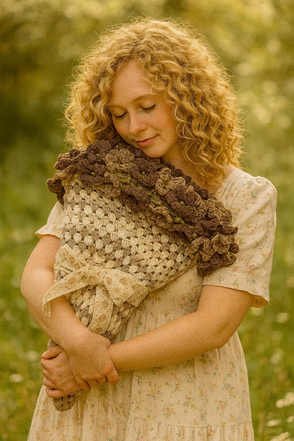 Hand-Crocheted Floral Baby Blanket: Neutral Boho Nursery Afghan - Thumbnail 3