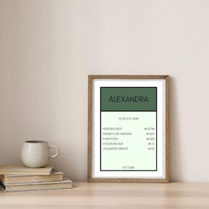 Op de afbeelding: Een ingelijste print met een groen en wit ontwerp. In het bovenste gedeelte staat "ALEXANDRA" in witte tekst op een groene achtergrond. Daaronder staat "YOUR TEXT HERE". Het onderste gedeelte bevat statistieken en "EST 2008".