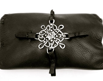 Black Leather Clutch with a Granulated Sterling Silver Heart and a Gothic Square Embellishment, free shipping in the US and Canada