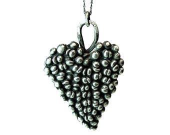 New Old Design, Stunning Large Gothic Silver Heart Pendant one-of-a-kind handmade Brooklyn made, granulated design