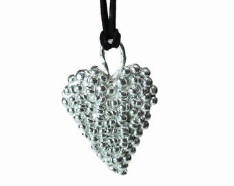 Large Gothic Silver Heart Pendant one-of-a-kind handmade Brooklyn made, granulated design