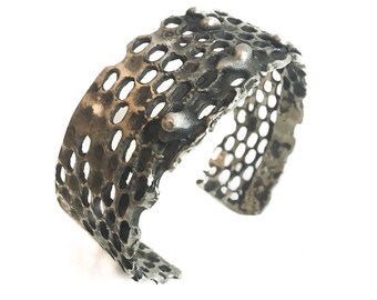New Item, New Medium Modern Honeycomb Oxidized Sterling Silver .925 Brutalist Cuff, contemporary unisex designs, made in Brooklyn,