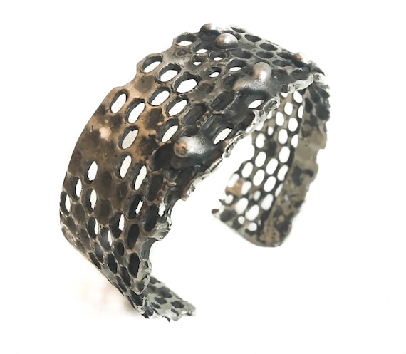 New Item, New Medium Modern Honeycomb Oxidized Sterling Silver .925 Brutalist Cuff, contemporary unisex designs, made in Brooklyn,