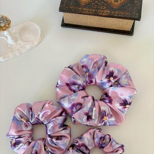 XL Purple Pansy Scrunchie – Oversized Floral Hair Tie, Pink Silky Charmeuse Scrunchie, Spring and Summer Hair Accessory, Gift for Her