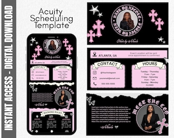 Pode incluir: Modelo de agendamento Acuity para download digital, com design preto e rosa. Inclui informações de contato, horário comercial e regras de reserva. O modelo é da marca "Hair by Nicole" e inclui uma foto de uma mulher.