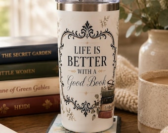 Book Lover Tumbler, Botanical Eucalyptus Design, Reader Keepsake Mug