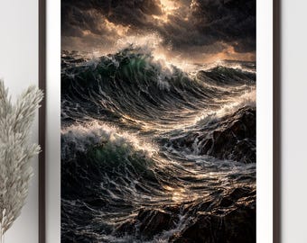 Storm Waves druckbare Dekoration, launische Küstenlandschaft, maritime Kunst