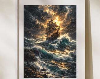 Vintage Sturm Schiff Wand Kunst zum ausdrucken, Stimmungsvollen Nautischen Dekor, Dramatische Ozean Öl Malerei Download, Dark Academia Maritime Kunstwerk