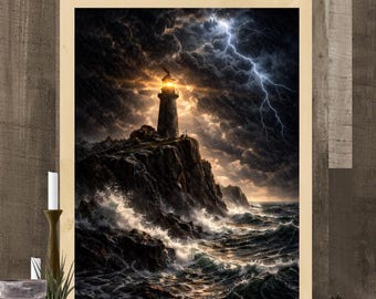 Leuchtturm im Gewitter Wand Kunst zum ausdrucken, Nautisches Dekor, Dramatischer Ozean Sturm Druck, Dark Academia Küsten Kunstwerk, Maritime Dekoration