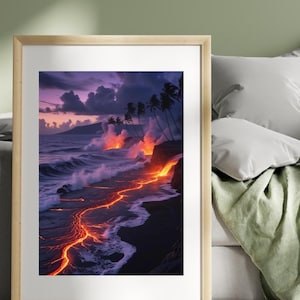 Molten Lava Ocean Art – Fiery Volcano Scene at Dusk | Digital Wall Print of Lava Flow, Black Sand & Stormy Waves