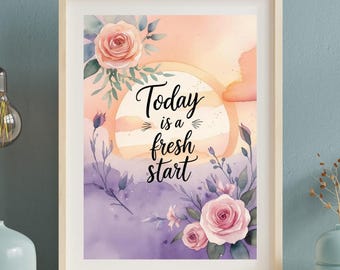 Gentle Morning Affirmation Print Aquarell Sonnenaufgang mit floralen Akzenten Handgeschriebenes Zitat ruhige Pastellwandkunst für Schlafzimmer oder Büro