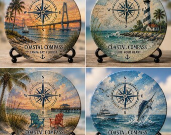 Coastal Compass Slate Coaster Set | Nautical Beach, Lighthouse, Tampa Bay Decor