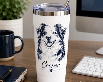 Custom Pet Portrait Tumbler 20oz | Dog or Cat Line Art from Your Photo | Personalized Pet Memorial Gift | Pet Lover Gift with Name