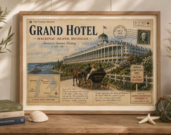 Grand Hotel Mackinac Island Canvas Print | Vintage Michigan Wall Art | Retro Travel Poster  Great Lakes Decor  Up North Michigan Gift  16x12