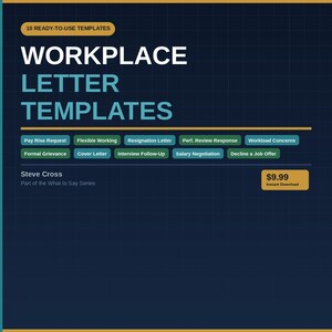 Op de afbeelding: Advertentie voor digitale werkplekbriefsjablonen. De afbeelding toont de titel "WORKPLACE LETTER TEMPLATES" in witte tekst. Hieronder staan verschillende soorten brieven, waaronder "Pay Rise Request" en "Resignation Letter."