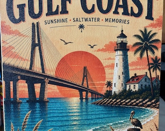 Florida Gulf Coast Canvas Print, Vintage Coastal Bridge Lighthouse Decor (Unframed)