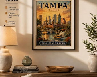 Tampa Mid-Century Travel Poster: University, Waterfront Skyline Print