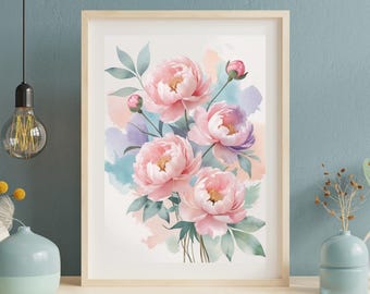 Rosa Pfingstrosen Wandkunst - Pastell Blumendruck, digitaler Download druckbare Pastell Pfingstrose Kunst Blush rosa Aquarell Botanisches Poster Blush Bloom
