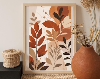 Gebrannte Orange Botanische Wandkunst Moderne Abstrakte Pflanze in Erdtönen Mid Century Minimalistische druckbare Dekoration für Wohnzimmer oder Büro