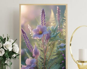 Botanische Glückseligkeit Digitale Wandkunst Wildblumen & Farne im Morgenlicht, Pastell Natur, Botanische Kunst, Instant Download