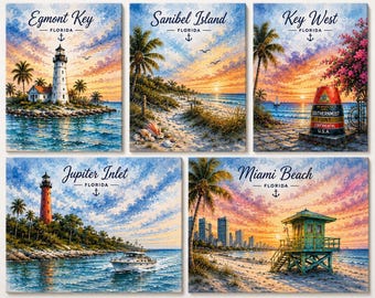 Florida Coastal Landmark Canvas Prints, Key West, Sanibel Island, Tropical Beach Decor
