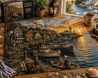Lighthouse Harbor Sunset Puzzle Coastal Harbor Puzzle  Jigsaw Puzzle Lighthouse Gift Seaside Cottage Nautical Coastal Gift for Puzzle Lovers