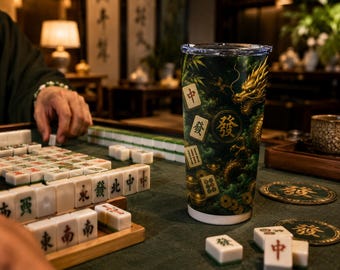 Mahjong Gift for Her | Gold Dragon Mahjong Tumbler 20oz | Mahjong Club Hostess Gift | Jade Green Chinese Tile Party Favor Cup