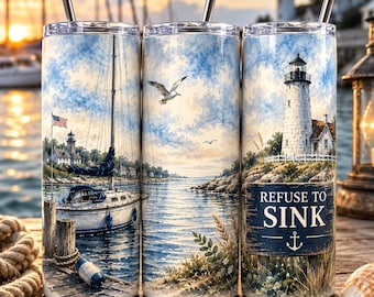 Nautical Lighthouse Sailboat Tumbler, Watercolor Coastal Design, 20oz Stainless Steel