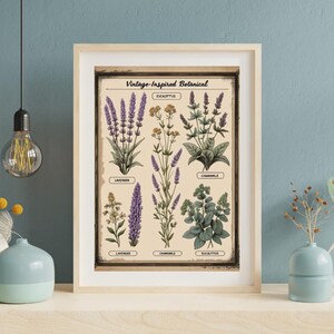 Vintage Botanische Wand Kunst Sepia Kräuter & Wildblumen Karte im Apotheker Stil