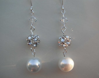 Rhinestone and White Pearl Crystal Earrings