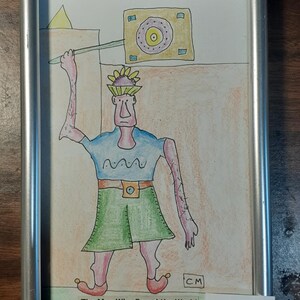 May include: Framed artwork featuring a whimsical illustration of a figure holding a square object with a circular center. The figure wears a blue shirt, green skirt, and red shoes. The text "The Man Who Saved the World" is at the bottom.
