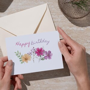Cartão postal digital de feliz aniversário – Design floral em aquarela | Download instantâneo