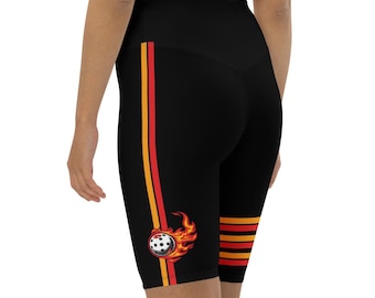 High Waisted Pickleball Biker Shorts Black Athletic Shorts Women Sport Graphic Workout Shorts Court Activewear Flaming Pickleball Biker